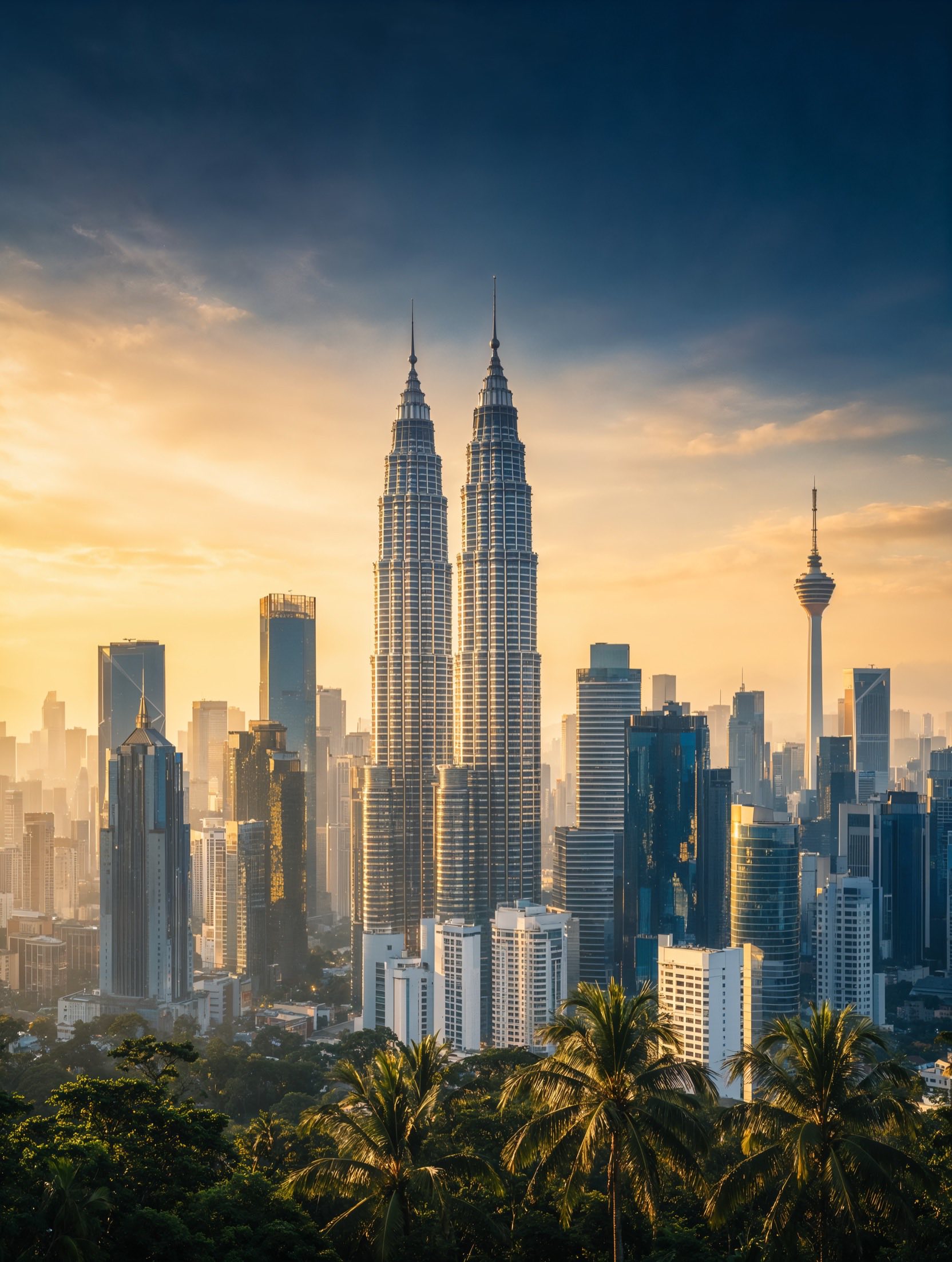 The Kuala Lumpur skyline at golden hour, with the Petronas Twin Towers and KL Tower rising above the business district